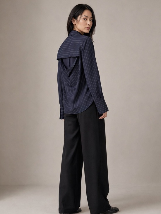 La Ligne Tops - La Ligne Navy Pinstripe Opened Back Shirt, Size XS